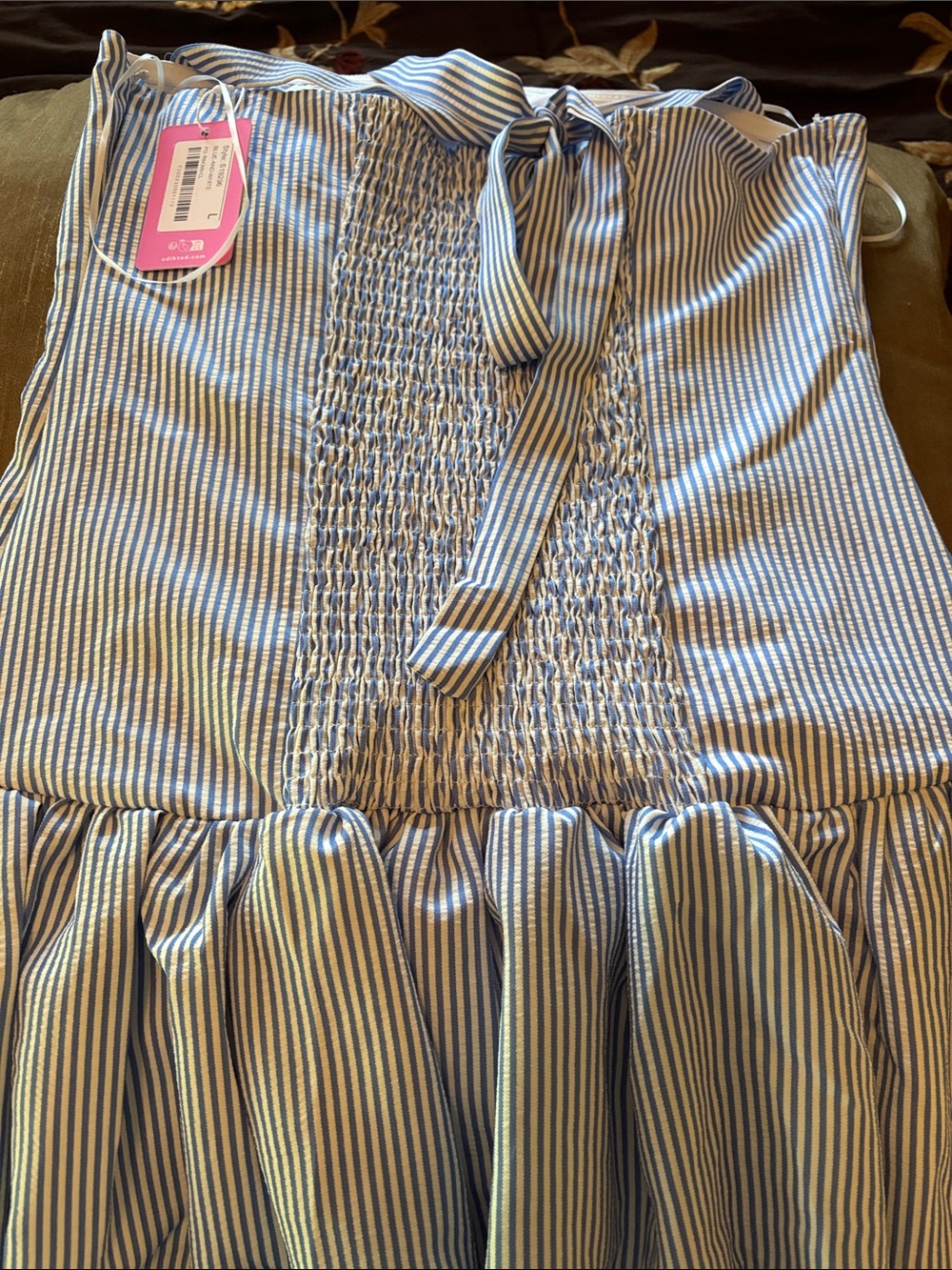 Edikted Blue and White Striped Tie-Neck Ruffle Mini Dress - Picture 8 of 9